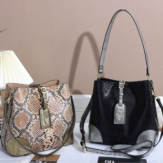 Snakeskin Embossed Bucket Bag for Women Fall Winter Shoulder Crossbody Handbag, Trendy Exotic Texture Purse with Versatile Style