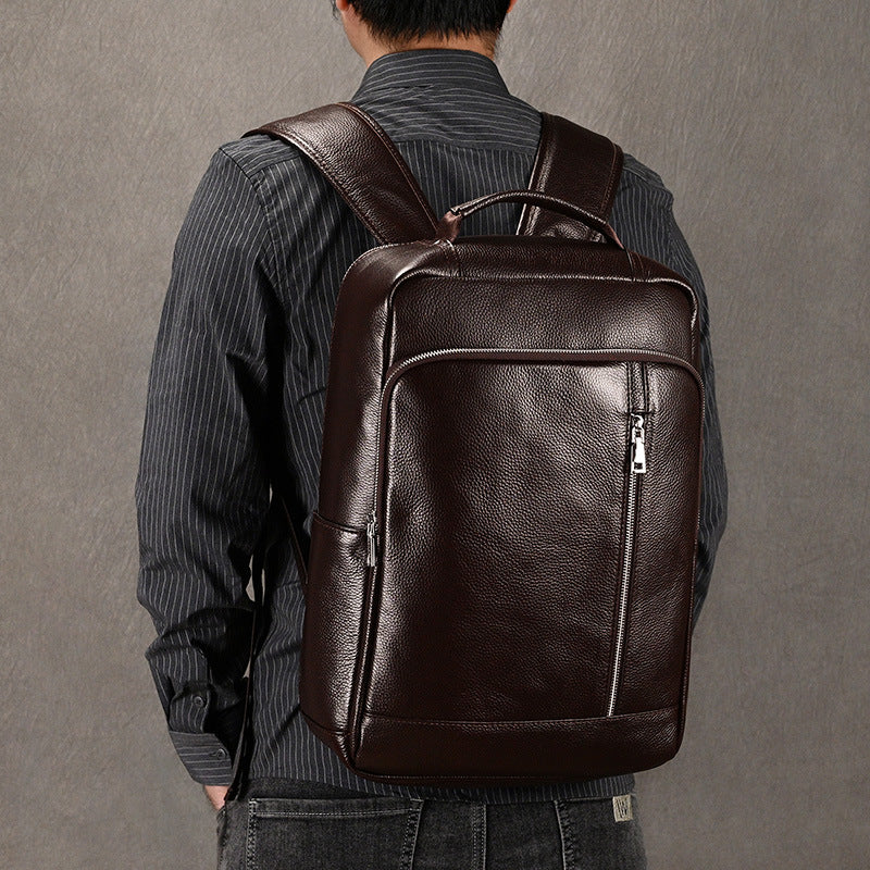 Genuine Top Layer Cowhide 15-Inch Laptop Backpack for Men, Commute Work School Daypack, Premium Leather Computer Bag for Gentlemen