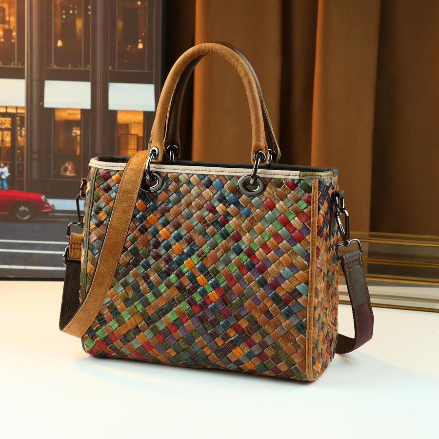 Genuine Leather Woven Square Bag for Women Vintage Style Large Capacity Top Handle Shoulder Crossbody Purse with Artisan Craftsmanship