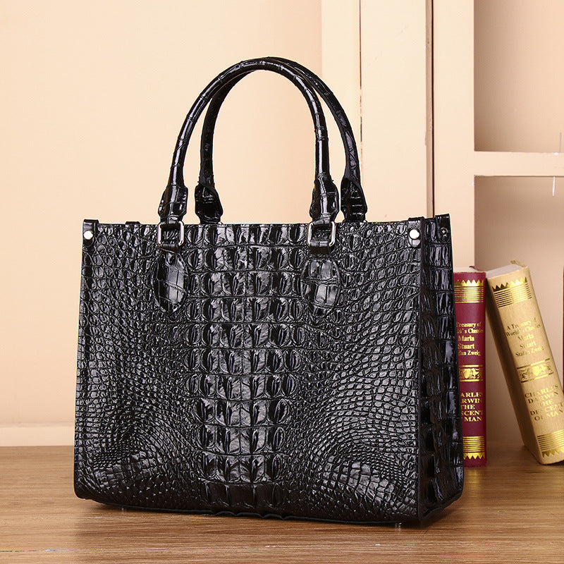 Genuine Leather Couple Tote Bag for Men and Women Large Capacity Laptop Business Shoulder Handbag with Crocodile Embossed Texture