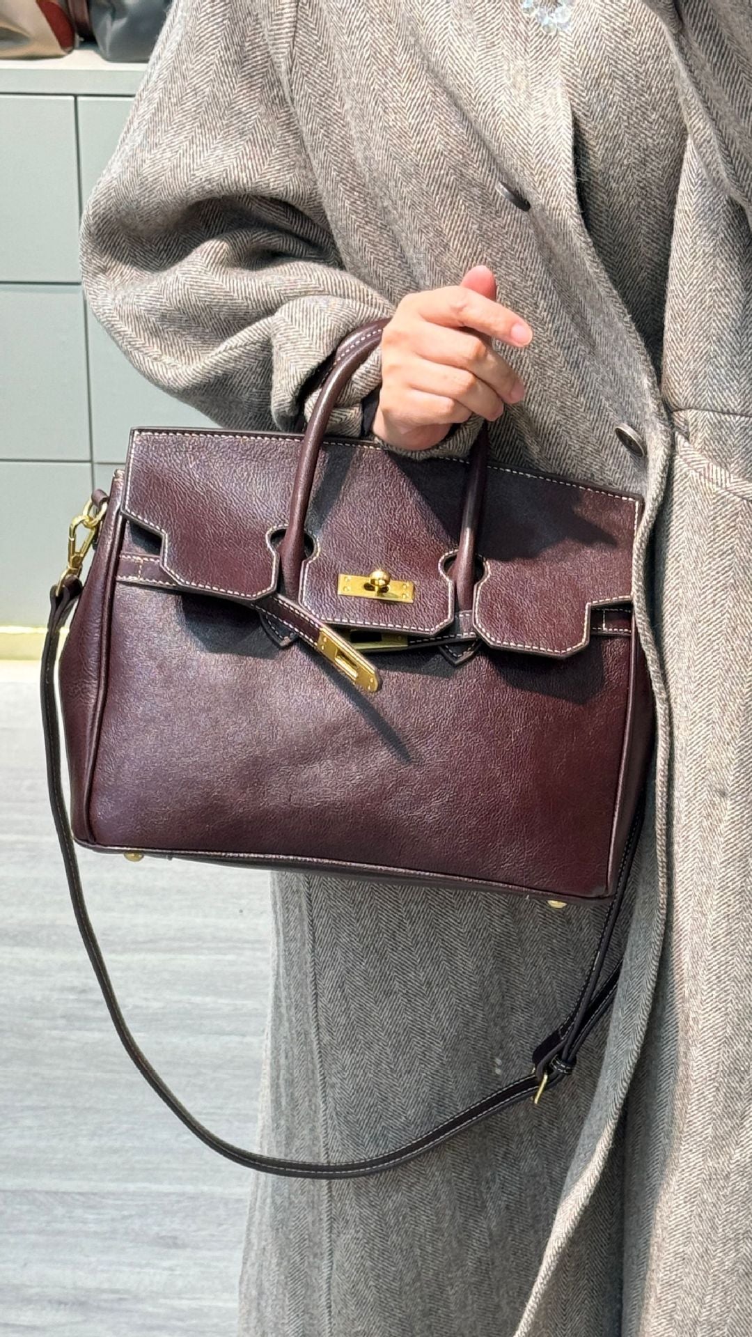 Genuine Top Layer Cowhide Vintage Kelly-Style Bag for Women, Premium Niche Designer Shoulder Crossbody Top Handle Purse, Large Capacity Handbag for Ladies