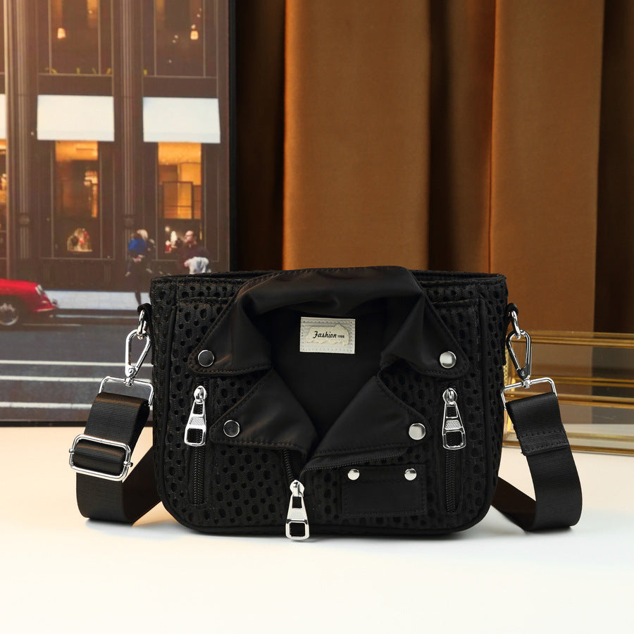 Vintage Biker Mesh Crossbody Bag for Women Niche Street Style Shoulder Handbag, Breathable Cool Purse with Edgy Design