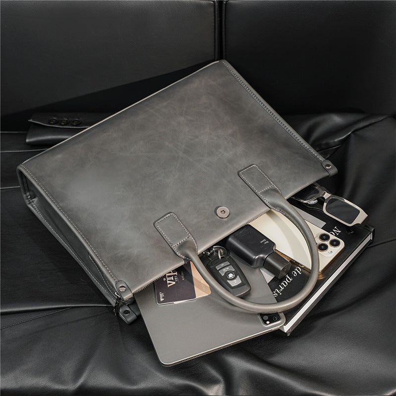 Genuine Leather Vintage Briefcase for Men, New Korean Style Business Casual Top Handle Shoulder Crossbody Bag, Trendy Document File Bag for Gentlemen