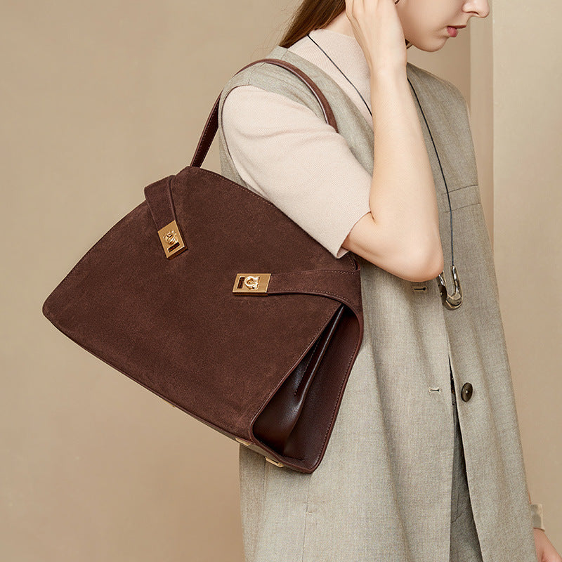 Genuine Top Layer Cowhide Large Capacity Tote Bag for Women, Fall Winter Vintage Style Underarm Shoulder Handbag, Premium Commute Everyday Bag for Ladies