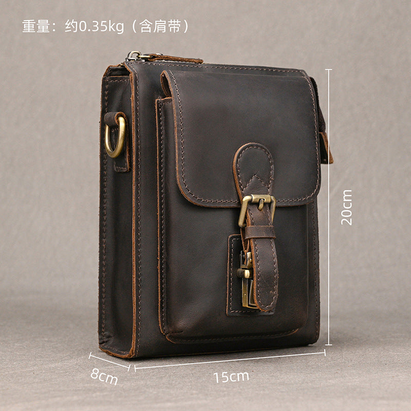 Crazy Horse Leather Small Phone Crossbody Shoulder Bag, Square Travel Sling Pouch with Belt Waist Pack for Men
