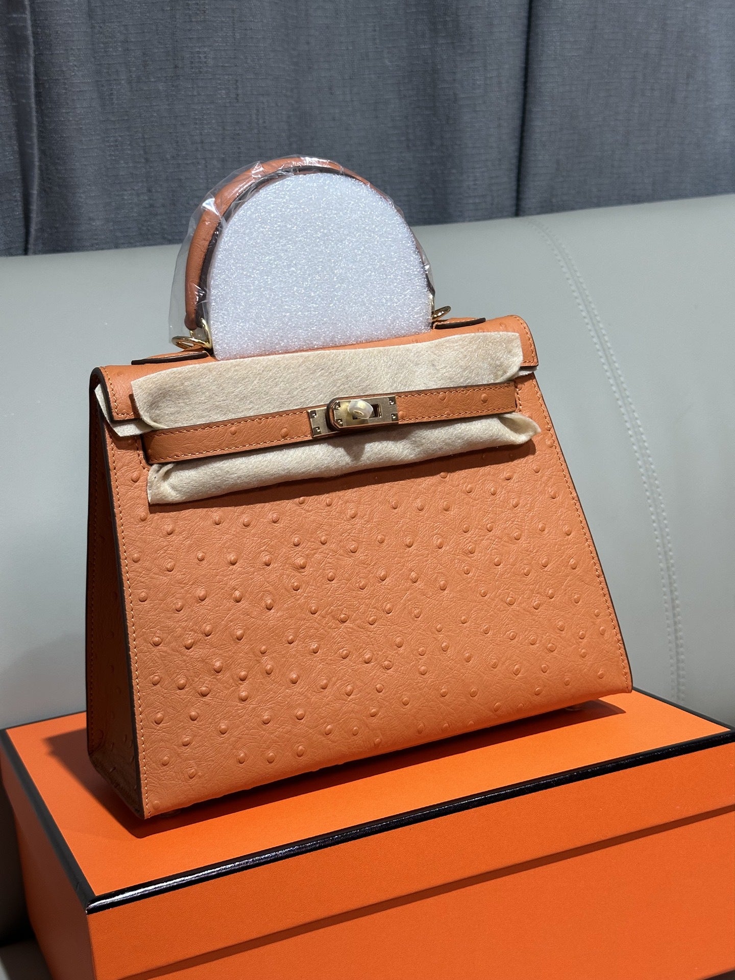 Genuine Top Layer Cowhide Ostrich-Embossed Kelly-Style 25 Bag for Women, Small Square Crossbody Top Handle Purse, Large Capacity Handbag for Ladies