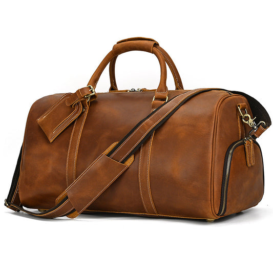 50cm Vintage Crazy Horse Leather Gym Travel Duffle with Shoe Compartment, Shoulder Crossbody Luggage Bag, Premium Weekender for Men