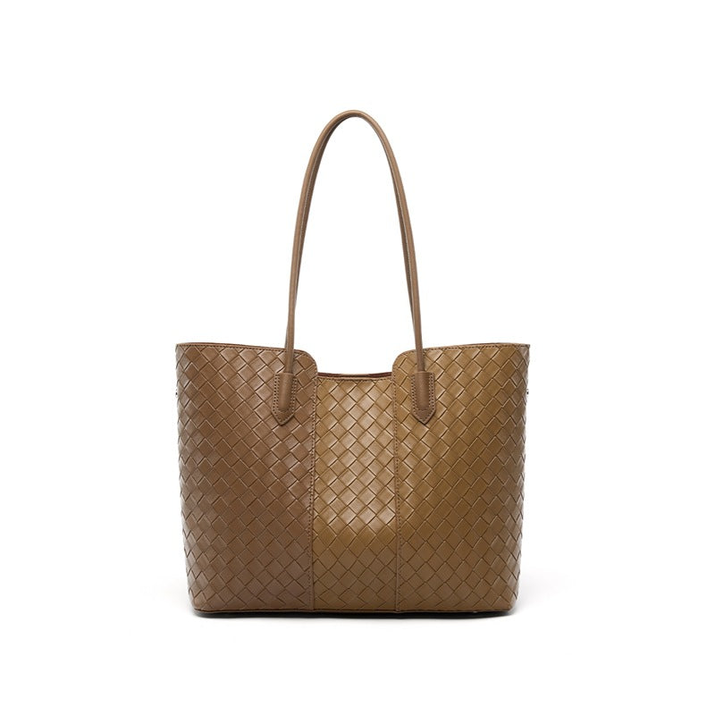 Underarm Commute Woven Tote in Genuine Leather, Large Capacity Shoulder Top Handle Purse, Premium Fashionable Bag for Women