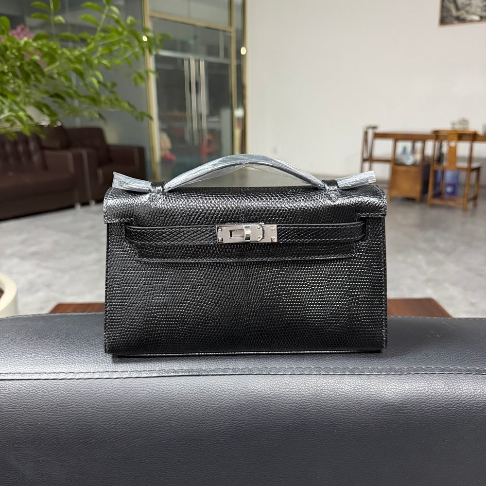 Genuine Top Layer Cowhide Lizard-Embossed Kelly-Style 22H Bag for Women, Hand-Stitched Waxed Thread with Lambskin Lining, Full Steel Hardware Square Purse for Ladies