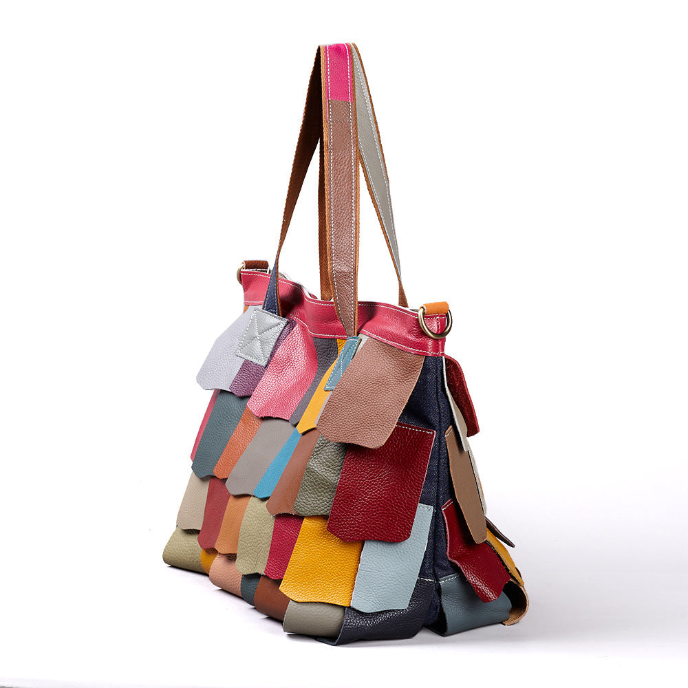 Genuine Leather Slouchy Large Capacity Tote Bag for Women, New Fashionable Patchwork Color Block Shoulder Crossbody Purse, Versatile Casual Handbag for Ladies