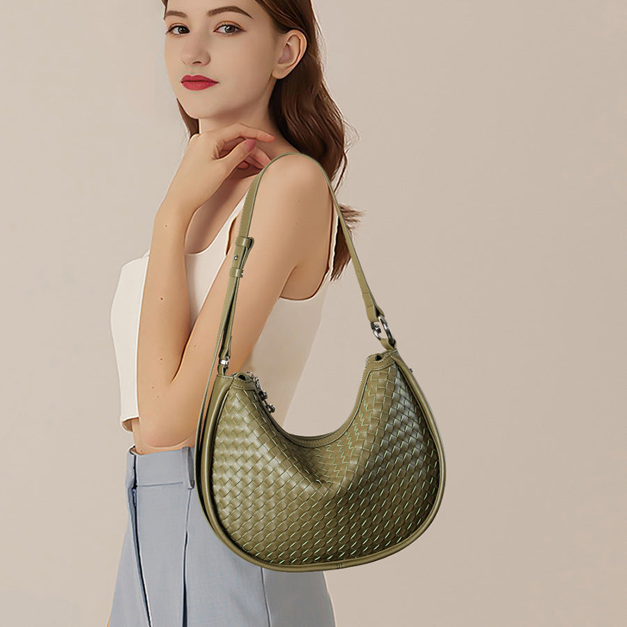 New Handwoven Crescent Bag in Genuine Leather, Large Capacity Commute Shoulder Crossbody Underarm Top Handle Purse, Stylish Handbag for Women