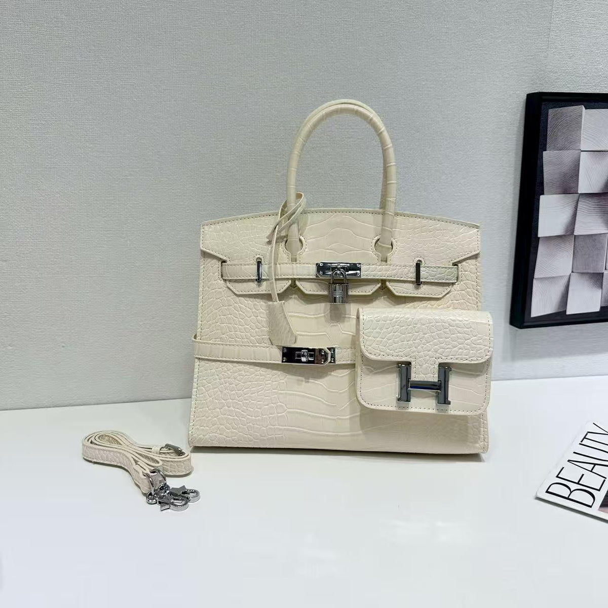 Chic Croc-Embossed Birkin-Inspired Tote Bag for Women, Premium Genuine Leather Large Capacity Top-Handle Crossbody Shoulder Handbag with Light Luxury Style, Everyday Purse