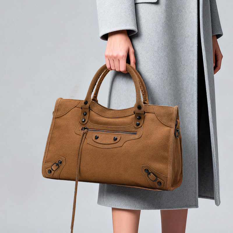 Genuine Matte Cowhide Biker Bag for Women, New Vintage Style Premium Top Handle Crossbody Purse, Fashionable Trendy Versatile Handbag for Ladies