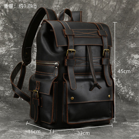 16-Inch Vintage Crazy Horse Leather Backpack, Large Capacity Student Travel Daypack, Durable Genuine Leather School Bag for Men