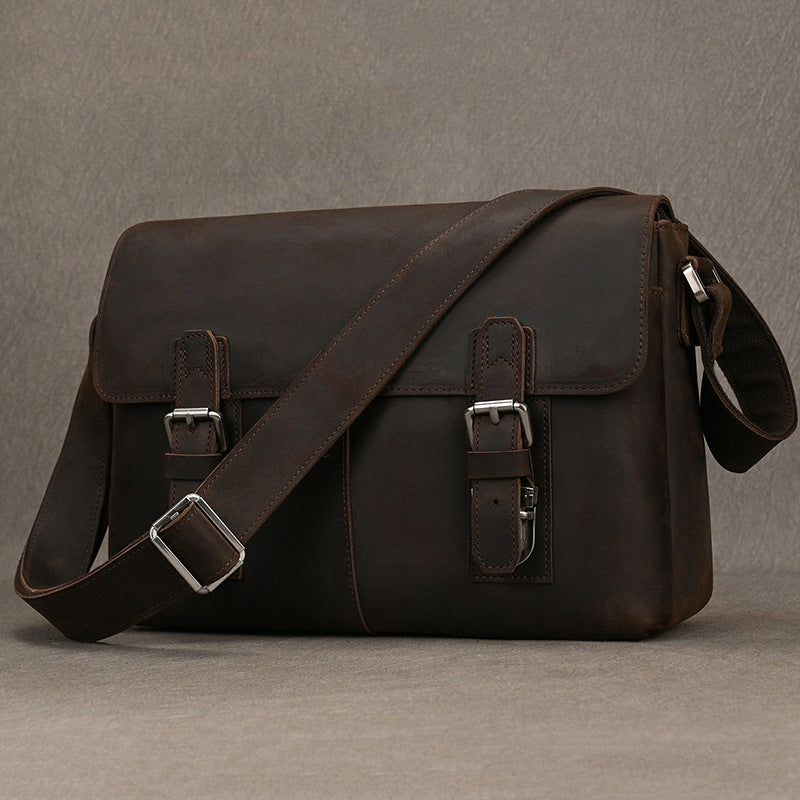 Genuine Top Layer Crazy Horse Cowhide 13-Inch Crossbody Bag for Men, Large Capacity Flap Laptop Briefcase, Casual Work Bag for Gentlemen