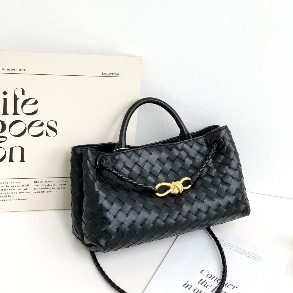 Genuine Leather Horizontal Woven Bag for Women, New Spring Summer Commute Shoulder Crossbody Top Handle Purse with Metal Rope Buckle, Trendy Handbag for Ladies