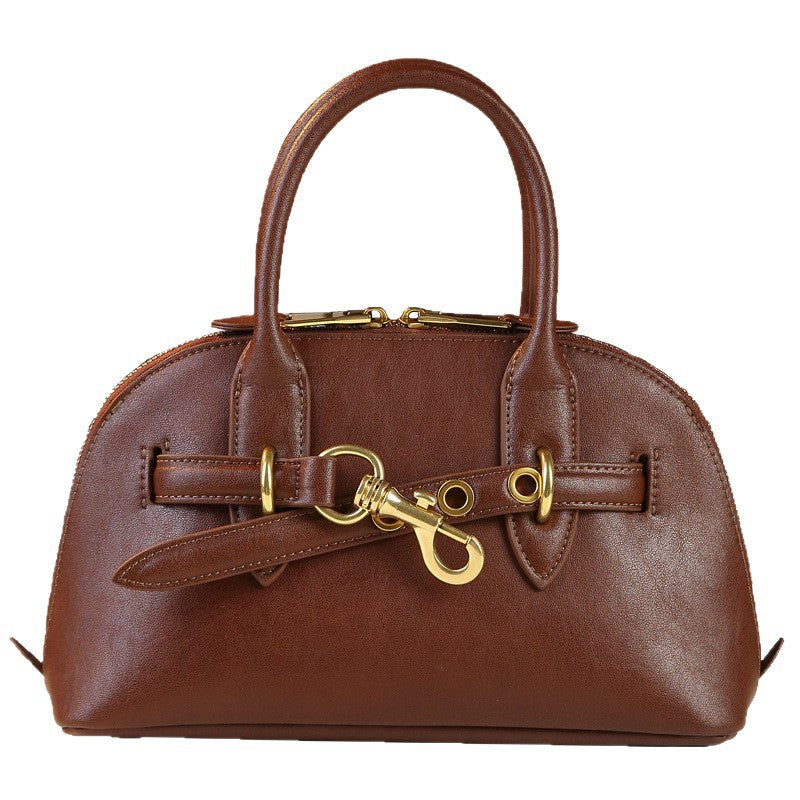 Top Layer Cowhide Shell Bowling Tote Bag for Women Vintage Underarm Shoulder Crossbody Handbag, Genuine Leather Purse with Classic Silhouette