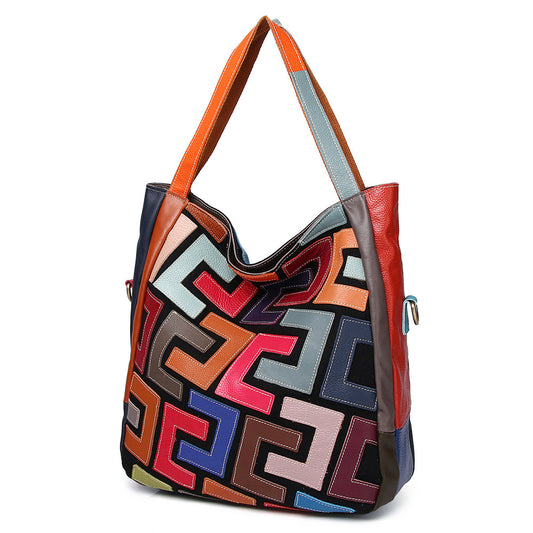Genuine Cowhide Multicolor Patchwork Handbag for Women, New Cross-Border Vintage Style Shoulder Crossbody Purse, Unique Designer Bag for Ladies