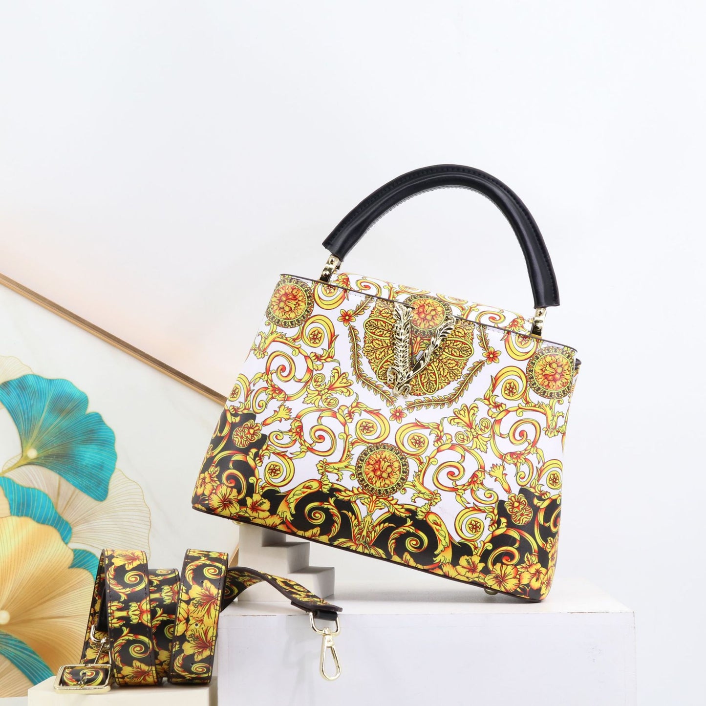 Genuine Leather Fashionable Printed Handbag, Top Handle Crossbody Purse for Ladies