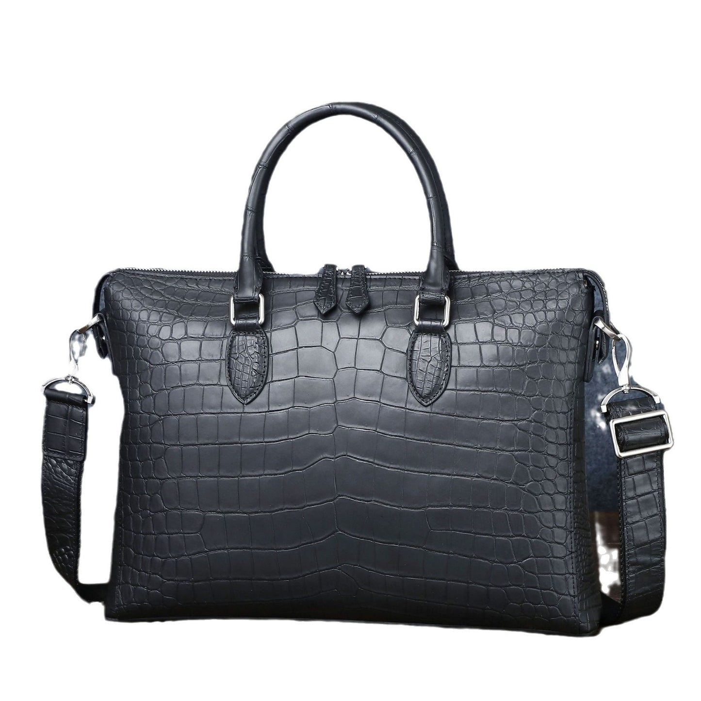 New Arrival Matte Black Croc-Effect Business Briefcase for Men, A Shoulder Crossbody Travel Bag with Laptop Compartment & Trendy Design