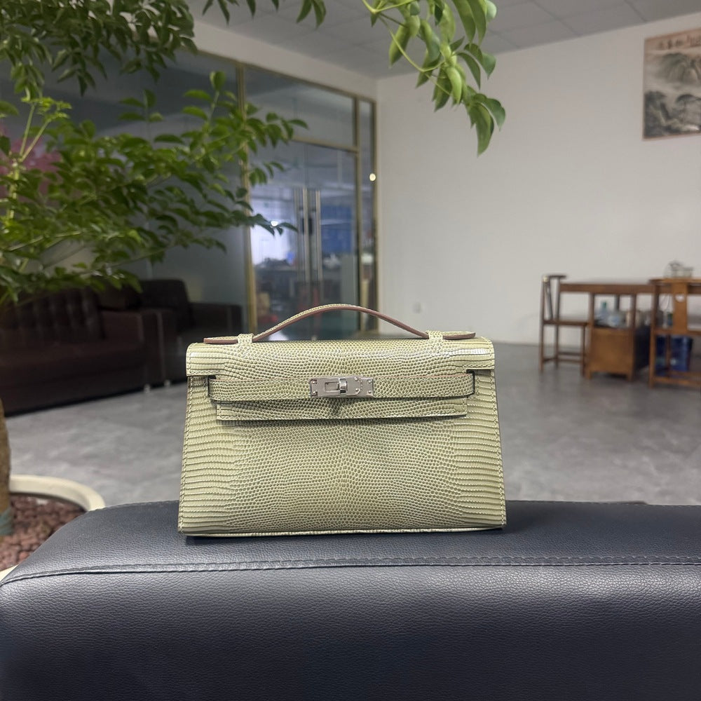 Genuine Top Layer Cowhide Lizard-Embossed Kelly-Style 22cm Bag for Women, Hand-Stitched Waxed Thread with Hand-Hammered Hardware, Lambskin Lining Square Purse with Full Steel Hardware for Ladies