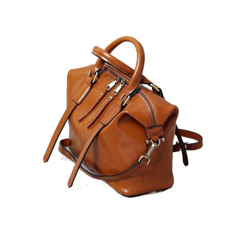 Genuine Waxed Cowhide Boston Tote Bag for Women, Vintage Trendy Shoulder Crossbody Large Handbag, Premium Leather Purse for Ladies