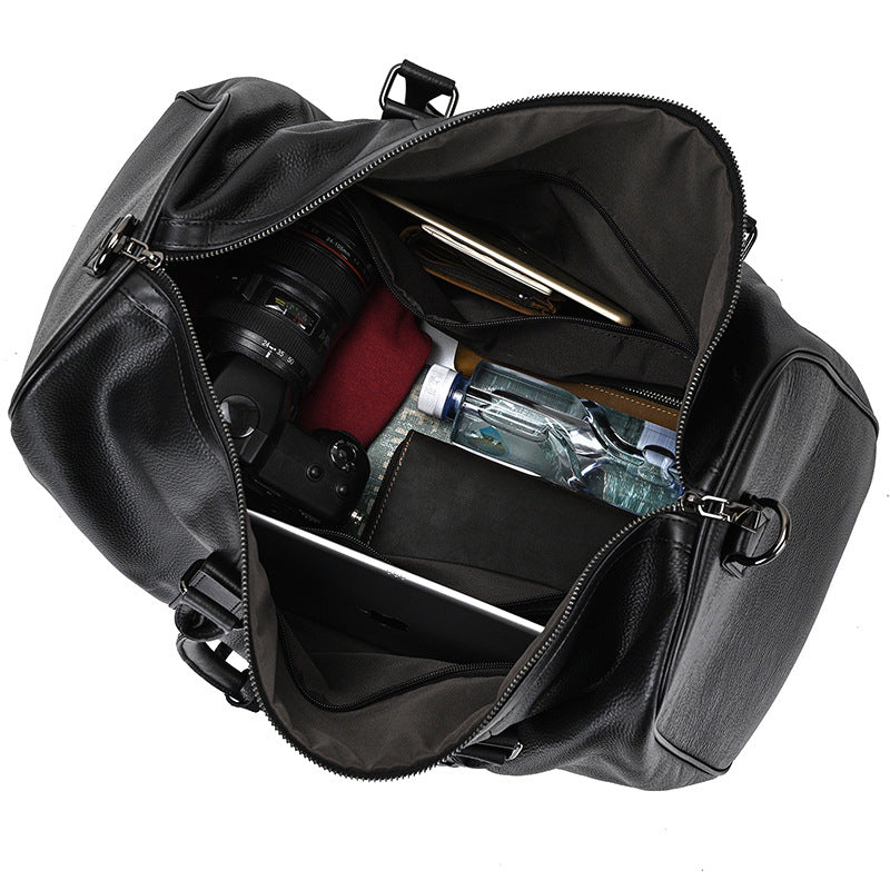 Genuine Top Layer Cowhide Travel Duffle Bag for Men and Women, Black Gym Weekender Bag, Premium Top Handle Luggage for Work and Travel