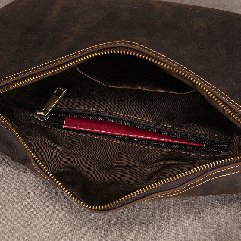 Large Capacity Vintage Oil Leather Waist Chest Bag, Top Layer Cowhide Crossbody Shoulder Pack, Casual Travel Bag for Men