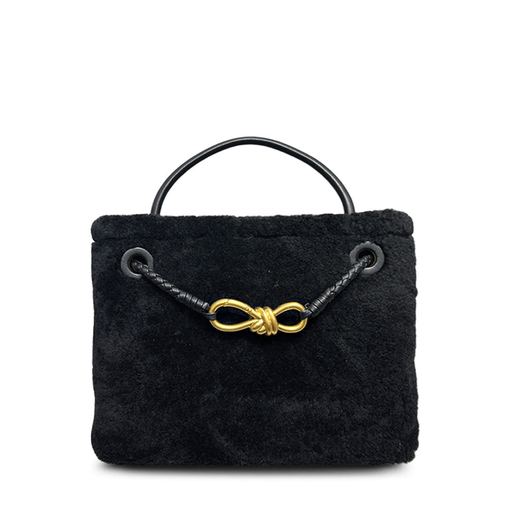 New Fall/Winter Lamb Wool Woven Tote with Metal Buckle, Vintage Large Commuter Shoulder & Crossbody Bag for Women