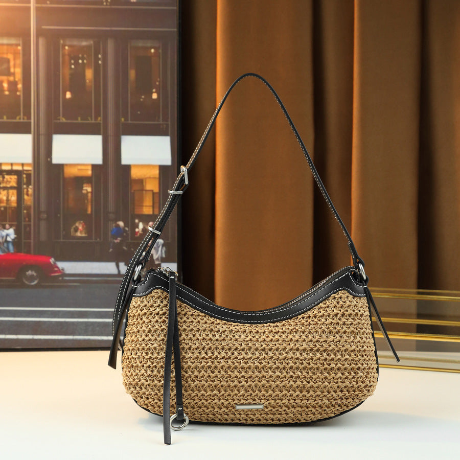 French Woven Straw Bag for Women Summer Beach Vacation Shoulder Crossbody Handbag, Natural Texture Purse with Bohemian Charm
