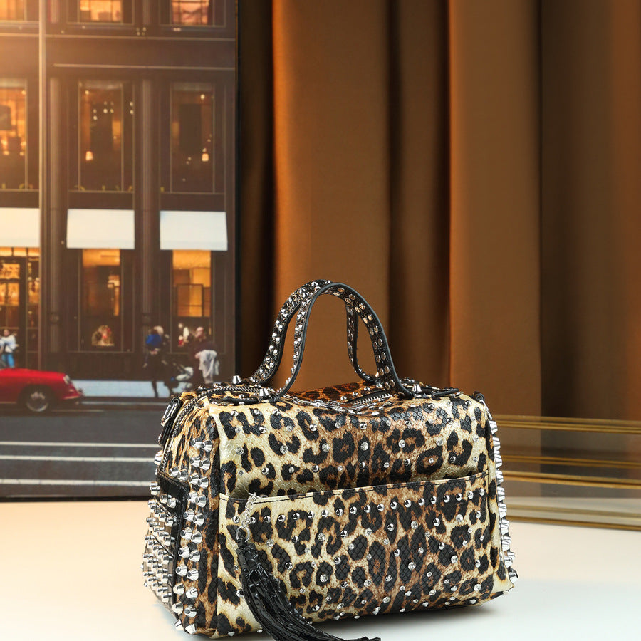 Leopard Print Studded Pillow Bag for Women Large Capacity Shoulder Crossbody Handbag, Wild Style Purse with Edgy Hardware Accents