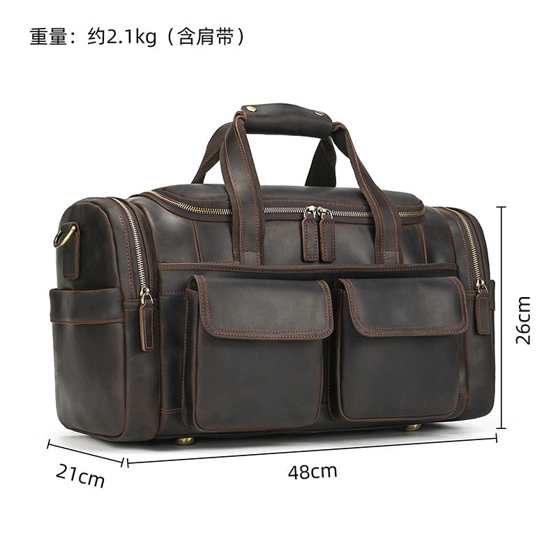 Large Capacity Crazy Horse Leather Travel Duffle, Top Handle Crossbody Business Bag, Premium Cowhide Luggage for Men