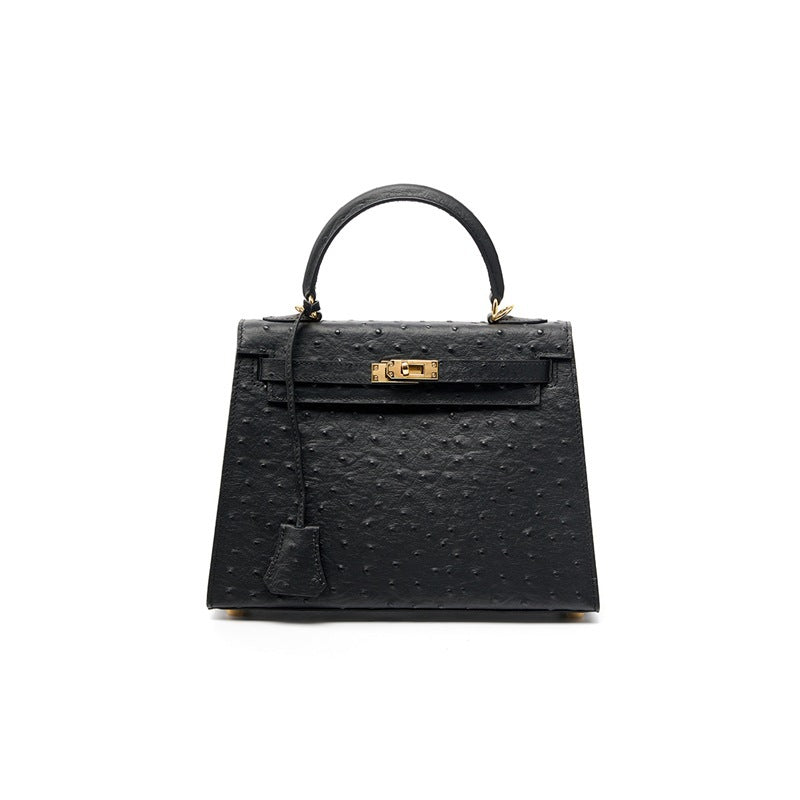 Women's Genuine Leather Handbag Shoulder Bag Top Layer Cowhide Kelly Style Crossbody Purse with Ostrich Embossed Texture