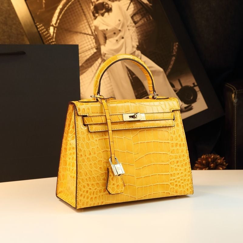 Women's Genuine Leather Croc-Embossed Kelly-Style 2.0 Top Handle Bag – Luxury Convertible Shoulder & Crossbody Purse, Bestseller Designer Handbag for Everyday Elegance