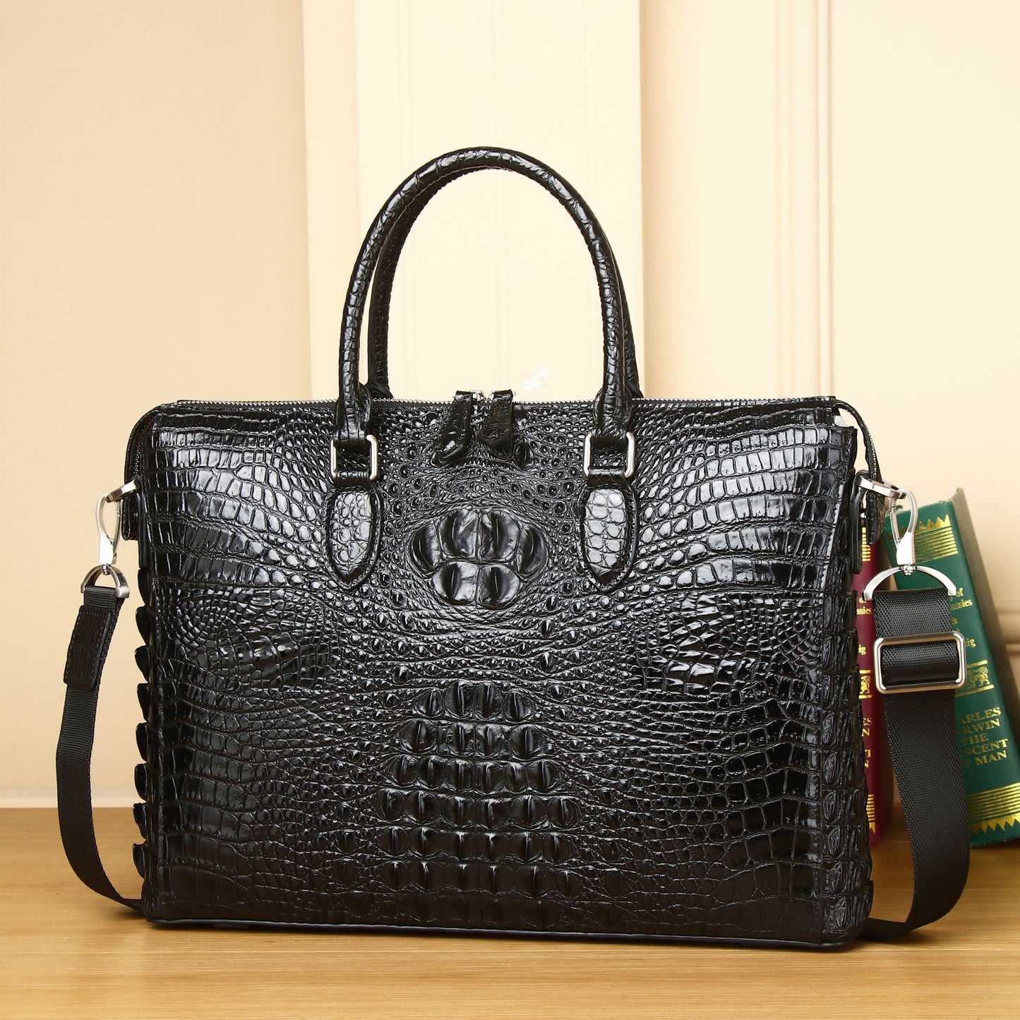 New Arrival Croc-Effect Business Briefcase for Men, A High-End Top-Handle Laptop Shoulder Crossbody Bag with Large Capacity