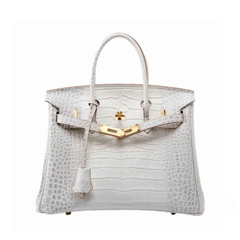 Genuine White Top Layer Cowhide Crocodile-Embossed Birkin-Style Bag for Women, Large Capacity Commute Top Handle Shoulder Purse, Premium Handbag for Ladies