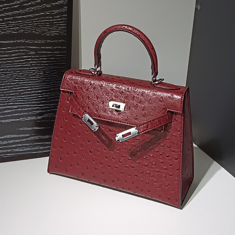 Genuine Leather Ostrich-Embossed Kelly-Style Bag for Women, New Spring Summer Premium Shoulder Crossbody Top Handle Purse, Fashionable Versatile Handbag for Ladies