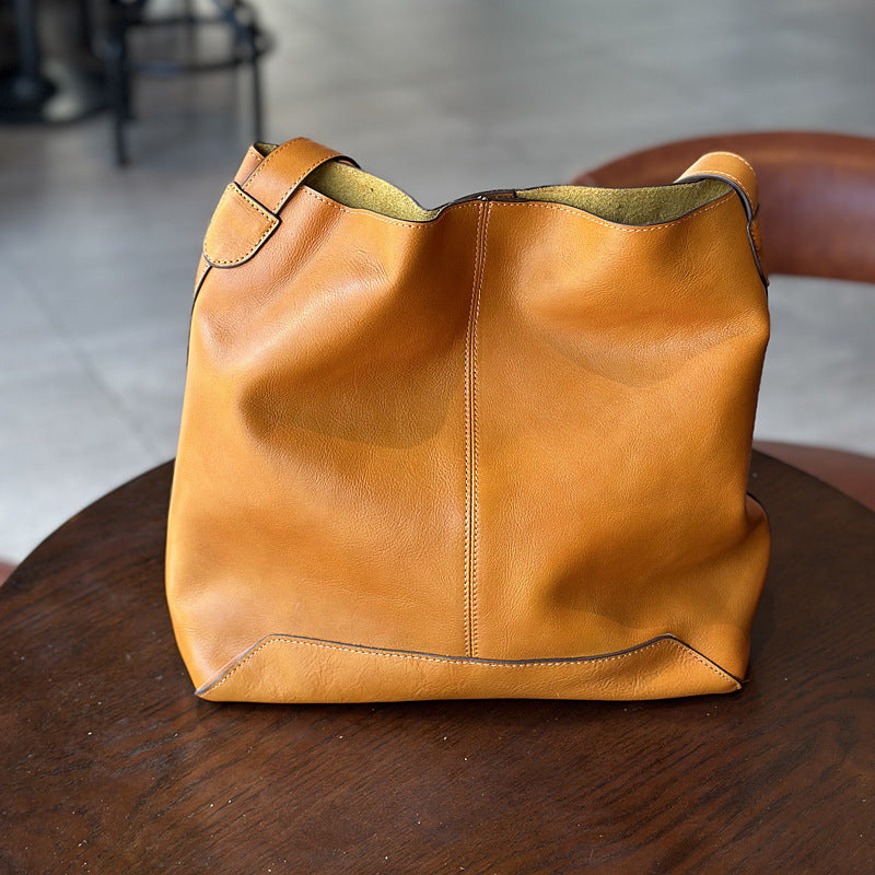 Vegetable-Tanned Cowhide Bucket Tote Bag for Women, Vintage Large Capacity Leather Shopping Shoulder Crossbody Purse, Casual Everyday Handbag for Ladies