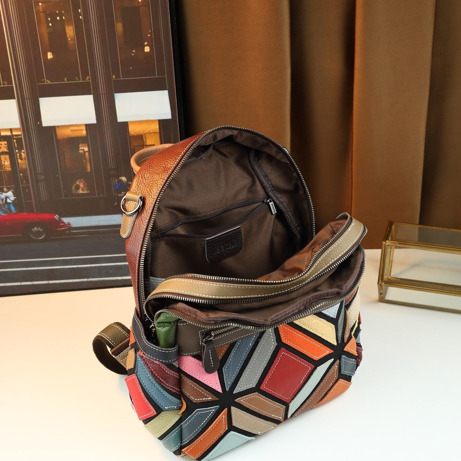 New Arrival Multi-Color Quilted Leather Backpack for Women, A Large Capacity Travel Daypack with Contrast Color Design & Versatile Carry Options
