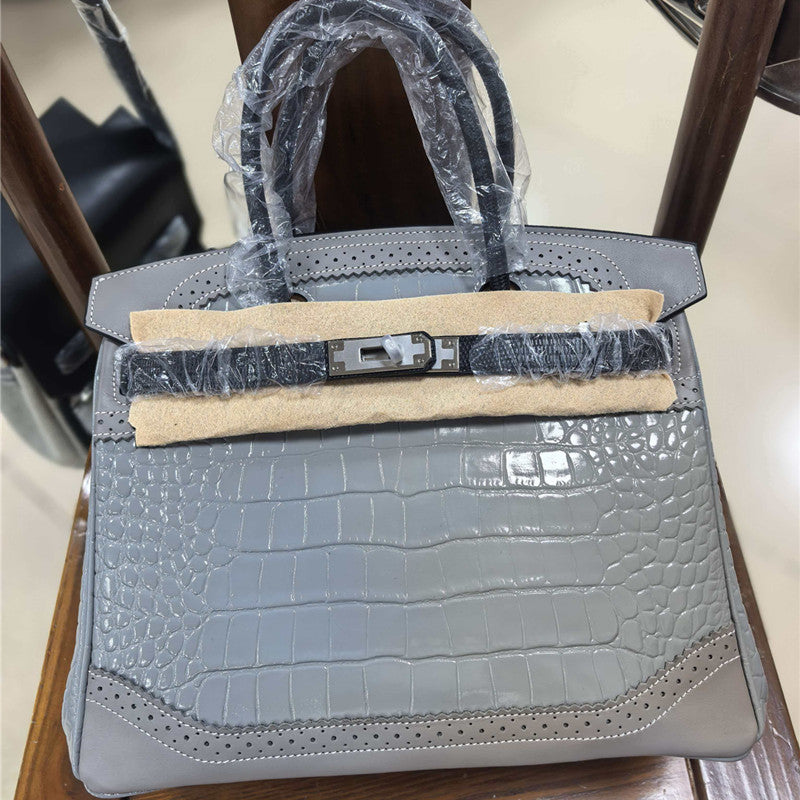 Premium Croc-Effect & Ostrich-Effect Birkin-Inspired Tote Bag for Women, Genuine Leather Large Capacity Business Handbag with Versatile Shoulder Crossbody Carry