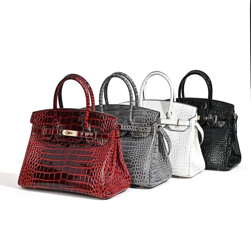 New Genuine Leather Handbag for Women Premium Crocodile Embossed Cowhide Birkin Style Large Capacity Tote