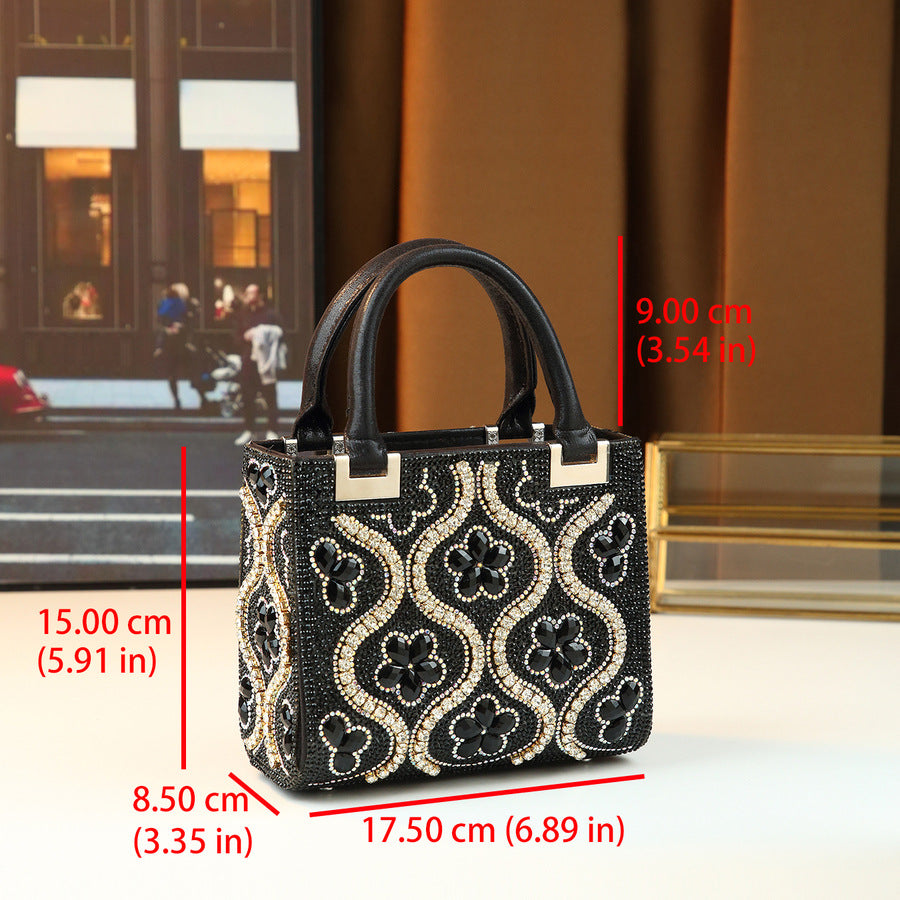 Rhinestone Floral Mini Square Bag for Women Black-Gold Evening Shoulder Crossbody Handbag, Heavy Crystal Embellished Purse with Glamorous Light Luxury Design