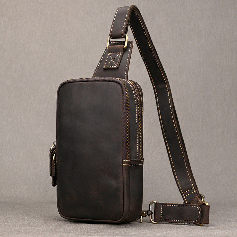 Lightweight Crazy Horse Leather Chest Bag, Casual Crossbody Shoulder Pouch, Cowhide Bag Fits iPad for Men