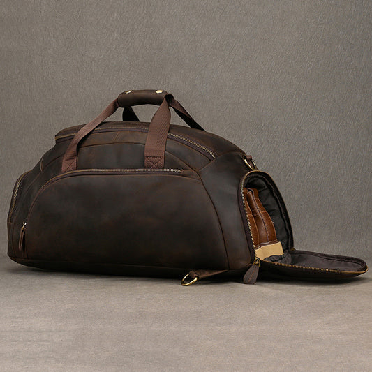 Vintage Crazy Horse Leather Travel Duffle with Shoe Compartment, Gym Backpack Luggage, Top Handle Crossbody Bag for Men