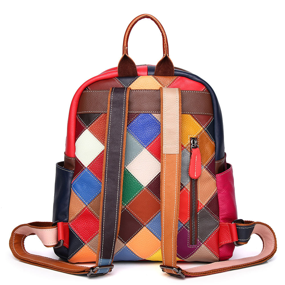 Premium Top-Layer Cowhide Leather Backpack for Women | Colorful Plaid Color-Block Design with Ethnic Bohemian Flair | Casual Trendy Rucksack for Travel, School & Daily Outings | Spacious Lightweight Daypack with Unique Artistic Style