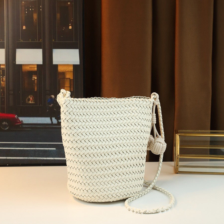 Handwoven Bucket Basket Bag for Women Casual Shoulder Crossbody Handbag, Minimalist Purse with Natural Woven Texture