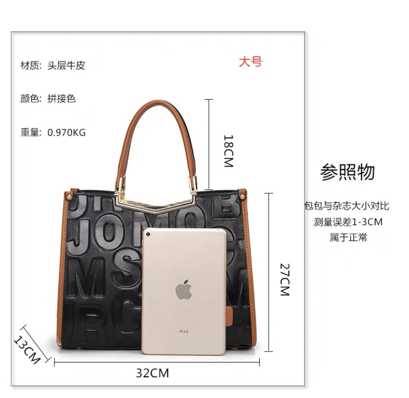 Genuine Cowhide Letter Handbag for Women, New Trendy Large Capacity Shoulder Crossbody Top Handle Purse, Fashionable Everyday Bag for Ladies