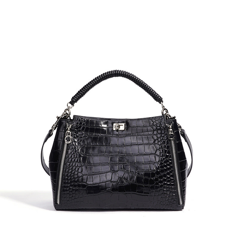New Arrival Croc-Effect Genuine Leather Bucket Bag for Women, A Minimalist Light Luxury Top-Handle Shoulder Handbag with Large Capacity & Versatile Everyday Design