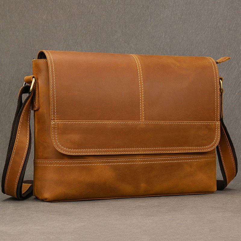 Genuine Crazy Horse Leather Laptop Crossbody Bag for Men, Vintage Fashionable Shoulder Bag, Top Layer Cowhide Casual Work Bag for Gentlemen