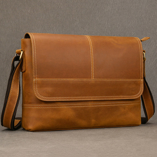 Genuine Crazy Horse Leather Laptop Crossbody Bag for Men, Vintage Fashionable Shoulder Bag, Top Layer Cowhide Casual Work Bag for Gentlemen
